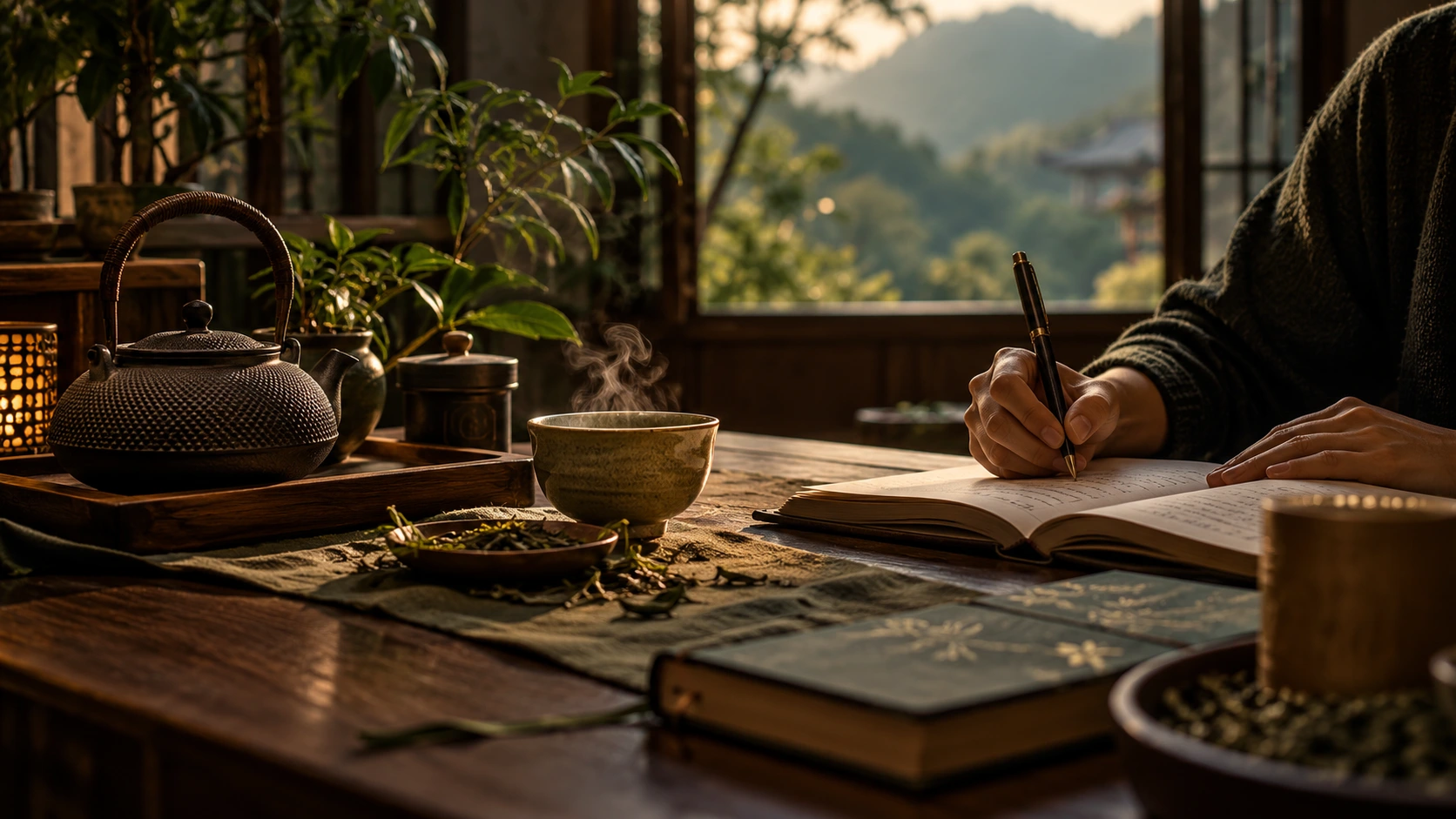 Moment d’écriture autour d’une tasse de thé dans une atmosphère chaleureuse